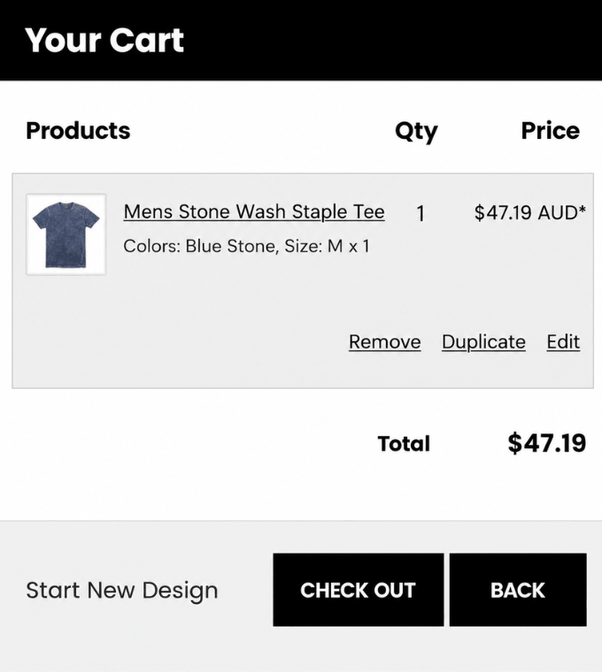 Checkout for custom apparel order
