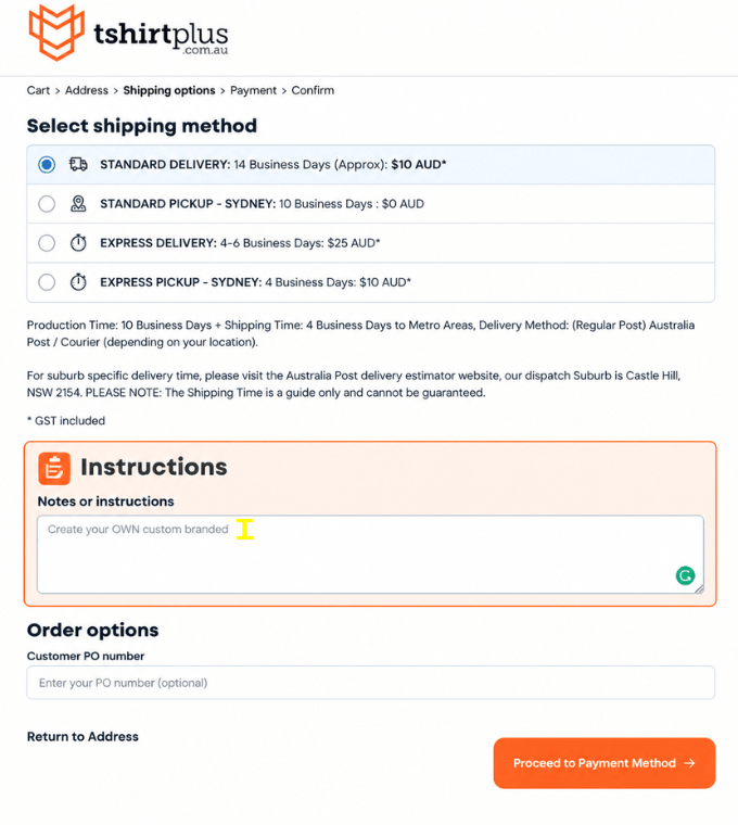 Add Specila instructions or notes to customise your custom apparel